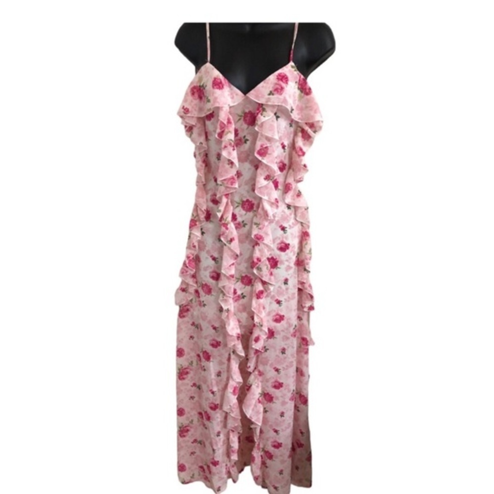 Jessica Simpson pink roses romantic frilly ruffled maxi v-neck‎ dress size small